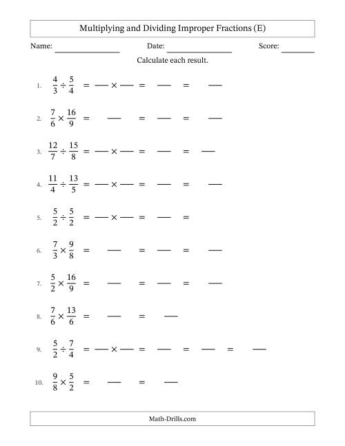 The Multiplying and Dividing Two Improper Fractions with Some Simplifying (Fillable) (E) Math Worksheet