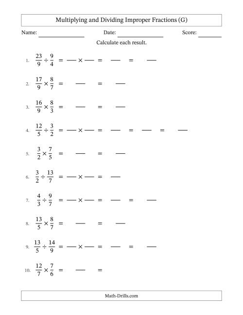 The Multiplying and Dividing Two Improper Fractions with Some Simplifying (Fillable) (G) Math Worksheet