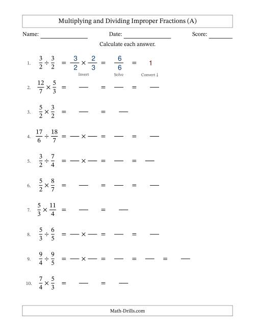 The Multiplying and Dividing Two Improper Fractions with Some Simplifying (Fillable) (All) Math Worksheet