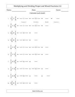 Multiplying and Dividing Proper and Mixed Fractions with No Simplifying (Fillable)