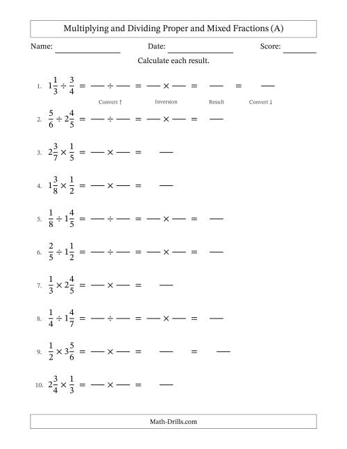 The Multiplying and Dividing Proper and Mixed Fractions with No Simplifying (Fillable) (A) Math Worksheet