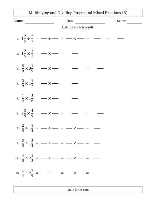 The Multiplying and Dividing Proper and Mixed Fractions with No Simplifying (Fillable) (B) Math Worksheet