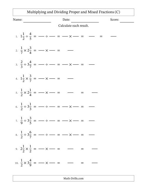 The Multiplying and Dividing Proper and Mixed Fractions with No Simplifying (Fillable) (C) Math Worksheet