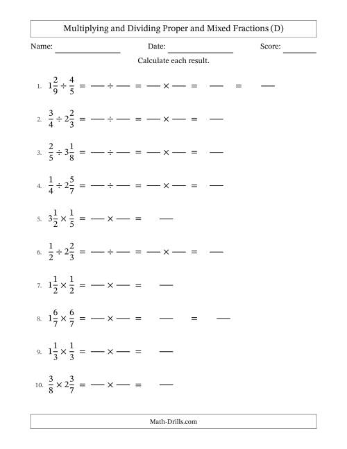 The Multiplying and Dividing Proper and Mixed Fractions with No Simplifying (Fillable) (D) Math Worksheet