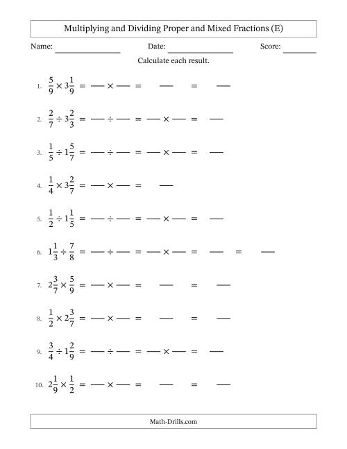The Multiplying and Dividing Proper and Mixed Fractions with No Simplifying (Fillable) (E) Math Worksheet
