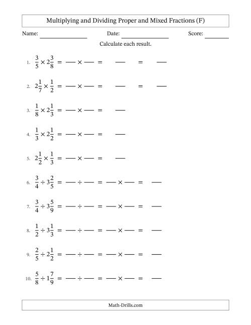 The Multiplying and Dividing Proper and Mixed Fractions with No Simplifying (Fillable) (F) Math Worksheet