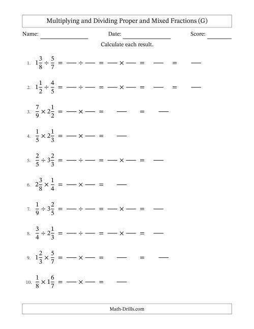 The Multiplying and Dividing Proper and Mixed Fractions with No Simplifying (Fillable) (G) Math Worksheet