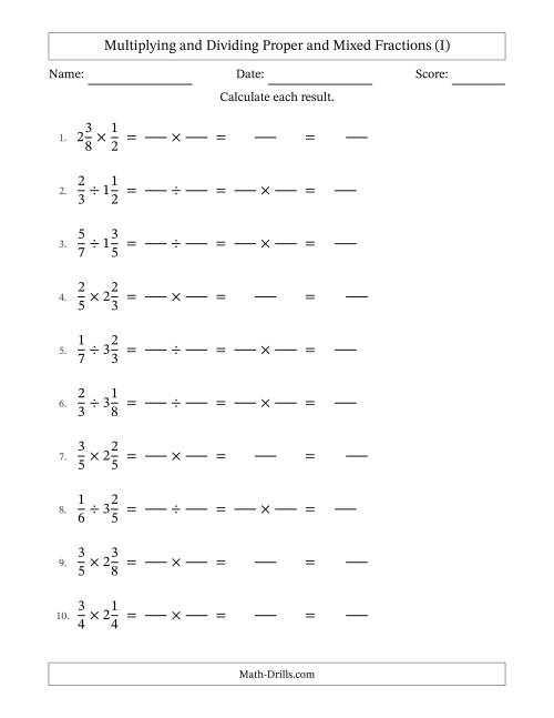 The Multiplying and Dividing Proper and Mixed Fractions with No Simplifying (Fillable) (I) Math Worksheet