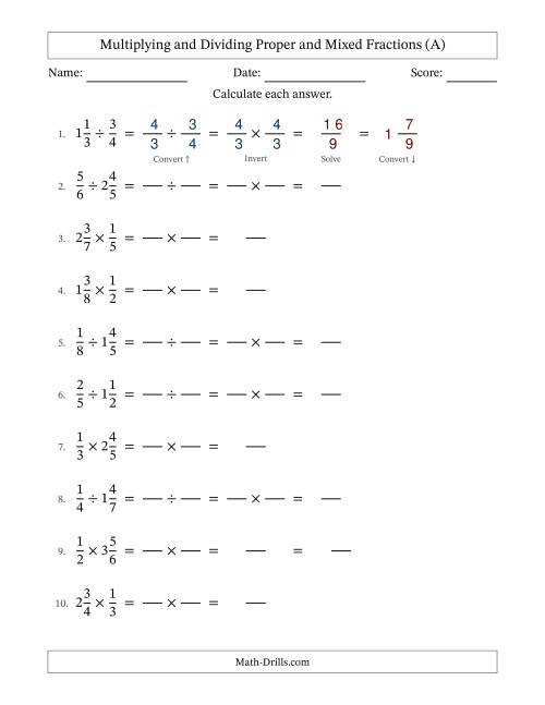 The Multiplying and Dividing Proper and Mixed Fractions with No Simplifying (Fillable) (All) Math Worksheet