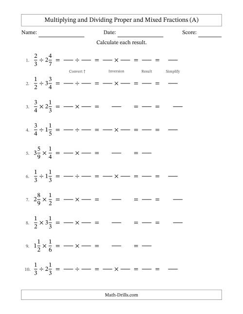 The Multiplying and Dividing Proper and Mixed Fractions with All Simplifying (Fillable) (A) Math Worksheet