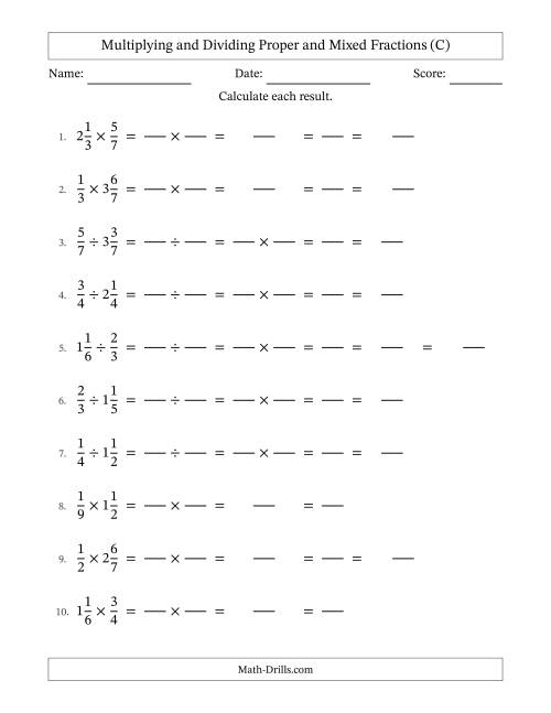 The Multiplying and Dividing Proper and Mixed Fractions with All Simplifying (Fillable) (C) Math Worksheet