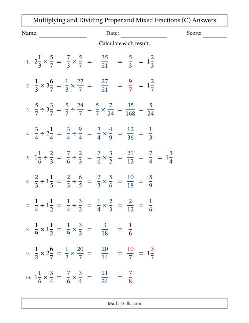 The Multiplying and Dividing Proper and Mixed Fractions with All Simplifying (Fillable) (C) Math Worksheet Page 2