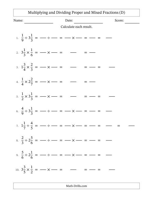 The Multiplying and Dividing Proper and Mixed Fractions with All Simplifying (Fillable) (D) Math Worksheet