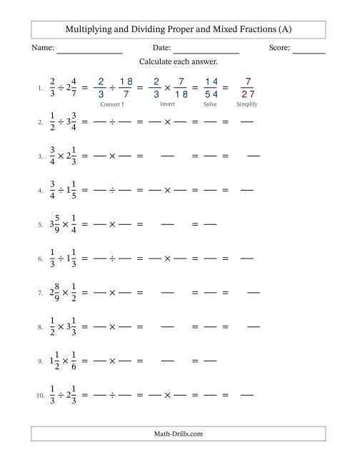 The Multiplying and Dividing Proper and Mixed Fractions with All Simplifying (Fillable) (All) Math Worksheet