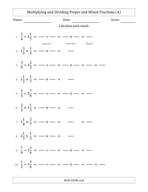 The Multiplying and Dividing Proper and Mixed Fractions with Some Simplifying (Fillable) (A) Math Worksheet