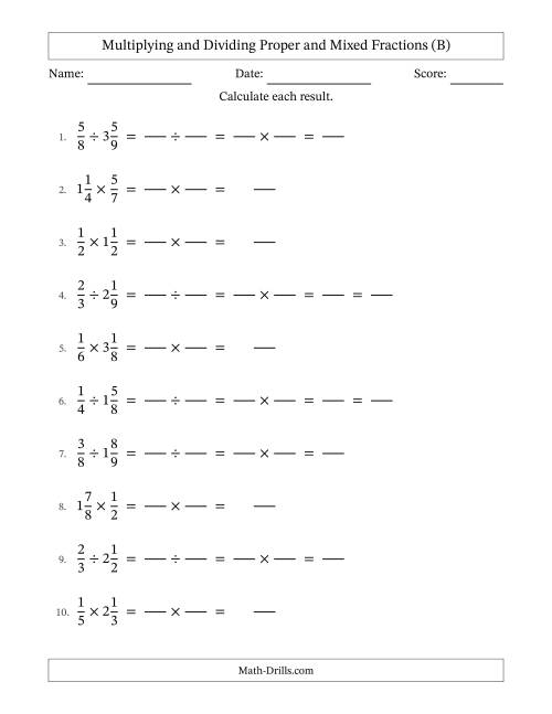 The Multiplying and Dividing Proper and Mixed Fractions with Some Simplifying (Fillable) (B) Math Worksheet