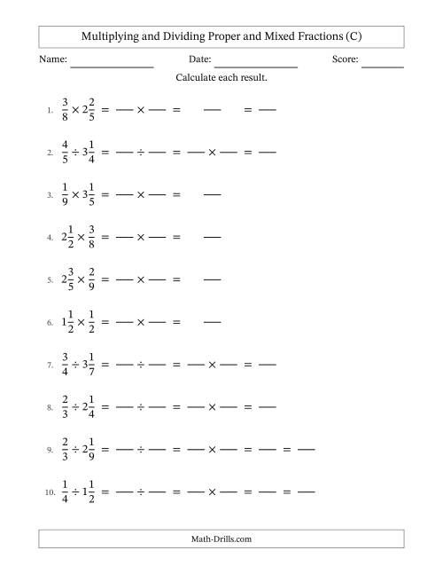 The Multiplying and Dividing Proper and Mixed Fractions with Some Simplifying (Fillable) (C) Math Worksheet