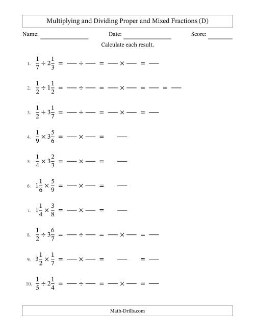 The Multiplying and Dividing Proper and Mixed Fractions with Some Simplifying (Fillable) (D) Math Worksheet