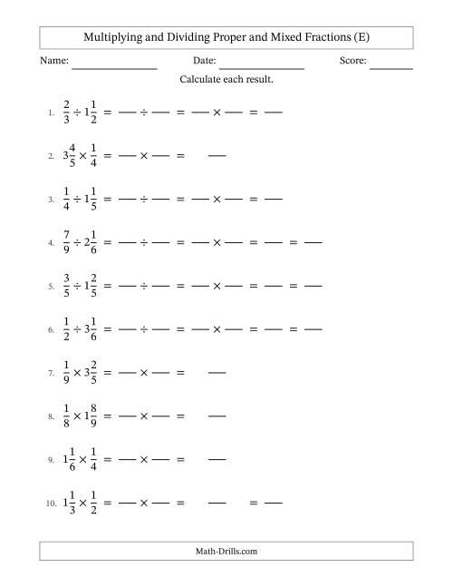 The Multiplying and Dividing Proper and Mixed Fractions with Some Simplifying (Fillable) (E) Math Worksheet