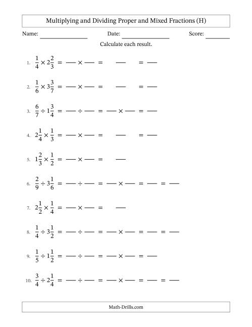The Multiplying and Dividing Proper and Mixed Fractions with Some Simplifying (Fillable) (H) Math Worksheet