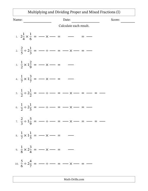 The Multiplying and Dividing Proper and Mixed Fractions with Some Simplifying (Fillable) (I) Math Worksheet