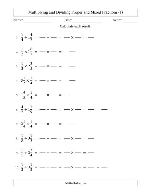 The Multiplying and Dividing Proper and Mixed Fractions with Some Simplifying (Fillable) (J) Math Worksheet