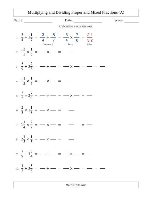 The Multiplying and Dividing Proper and Mixed Fractions with Some Simplifying (Fillable) (All) Math Worksheet