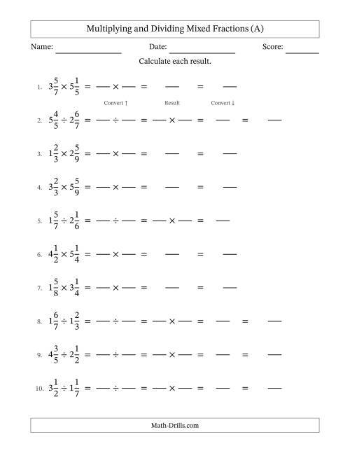 The Multiplying and Dividing Two Mixed Fractions with No Simplifying (Fillable) (A) Math Worksheet