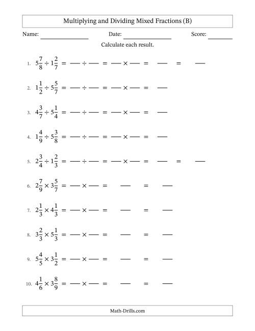 The Multiplying and Dividing Two Mixed Fractions with No Simplifying (Fillable) (B) Math Worksheet