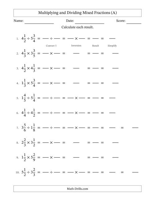 The Multiplying and Dividing Two Mixed Fractions with All Simplifying (Fillable) (A) Math Worksheet
