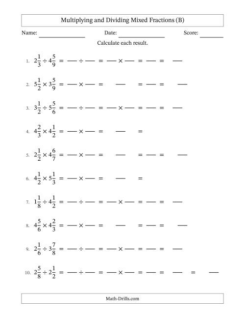 The Multiplying and Dividing Two Mixed Fractions with All Simplifying (Fillable) (B) Math Worksheet