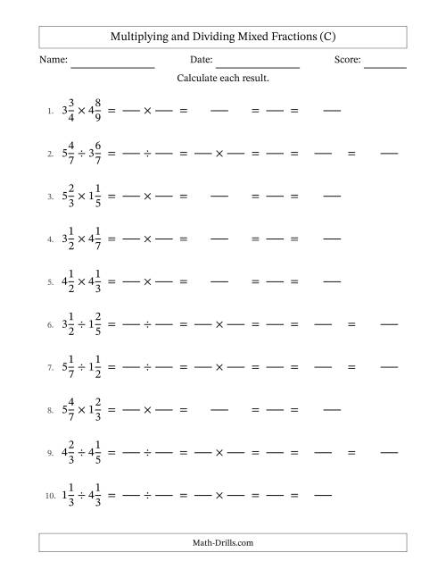 The Multiplying and Dividing Two Mixed Fractions with All Simplifying (Fillable) (C) Math Worksheet