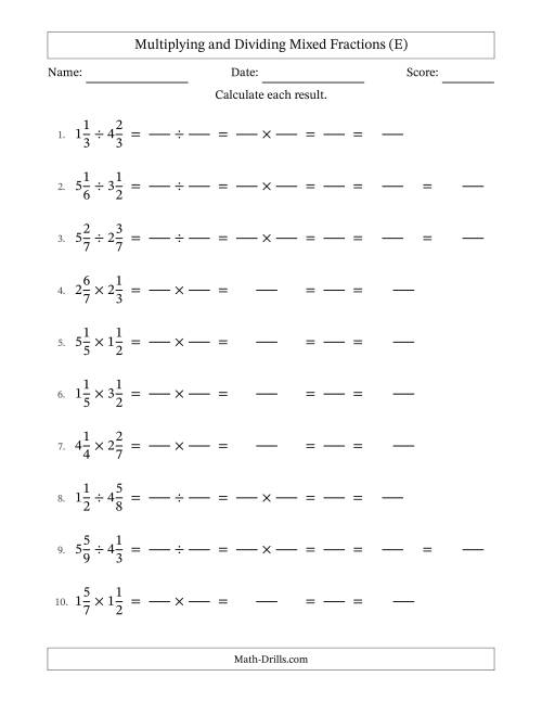 The Multiplying and Dividing Two Mixed Fractions with All Simplifying (Fillable) (E) Math Worksheet