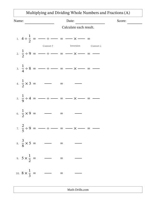 The Multiplying and Dividing Proper Fractions and Whole Numbers with No Simplifying (Fillable) (A) Math Worksheet