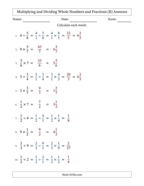 The Multiplying and Dividing Proper Fractions and Whole Numbers with No Simplifying (Fillable) (B) Math Worksheet Page 2