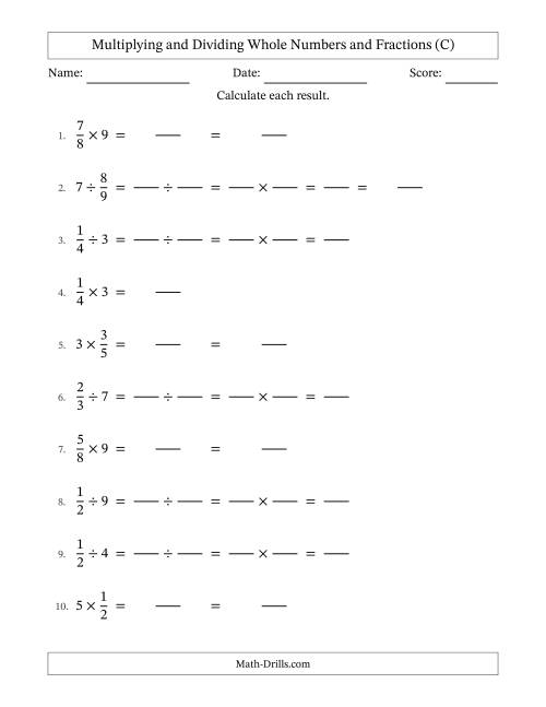 The Multiplying and Dividing Proper Fractions and Whole Numbers with No Simplifying (Fillable) (C) Math Worksheet