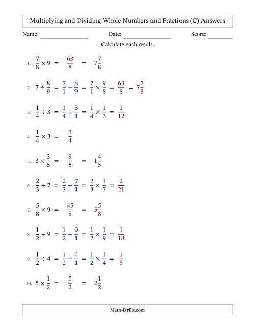 The Multiplying and Dividing Proper Fractions and Whole Numbers with No Simplifying (Fillable) (C) Math Worksheet Page 2