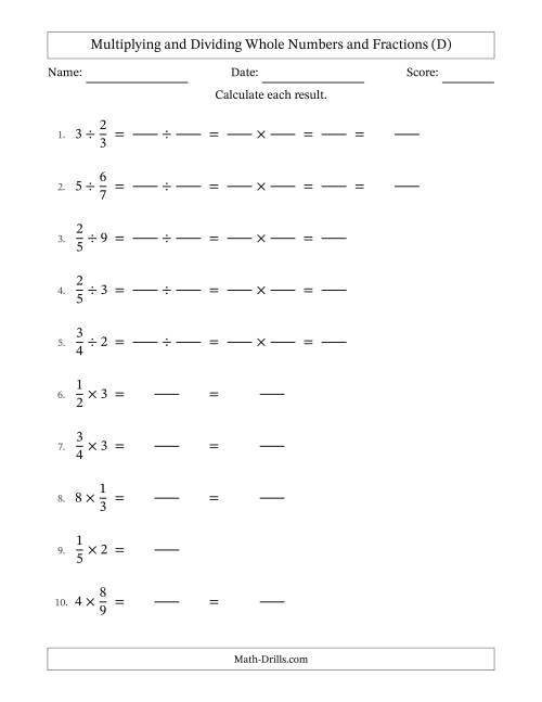 The Multiplying and Dividing Proper Fractions and Whole Numbers with No Simplifying (Fillable) (D) Math Worksheet