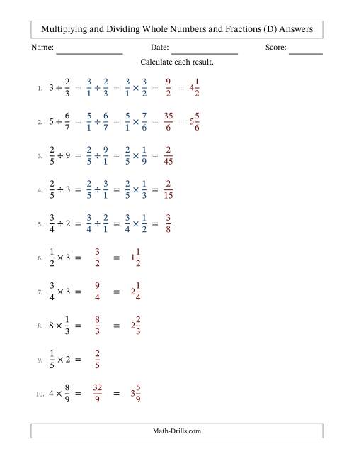 The Multiplying and Dividing Proper Fractions and Whole Numbers with No Simplifying (Fillable) (D) Math Worksheet Page 2
