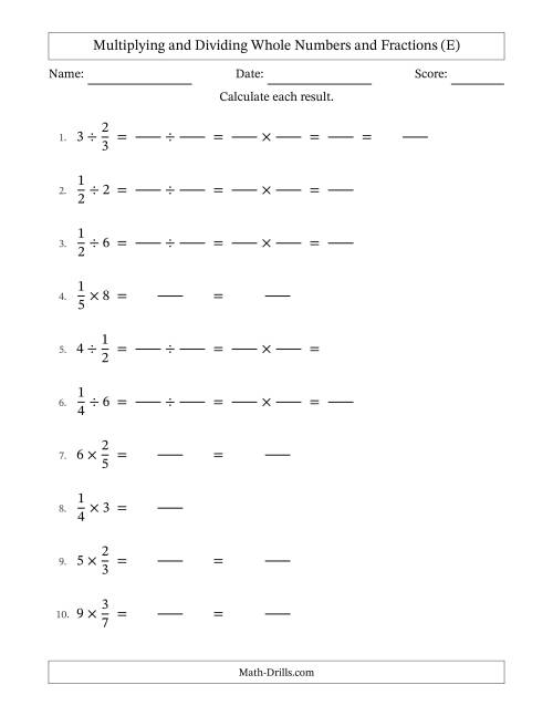 The Multiplying and Dividing Proper Fractions and Whole Numbers with No Simplifying (Fillable) (E) Math Worksheet