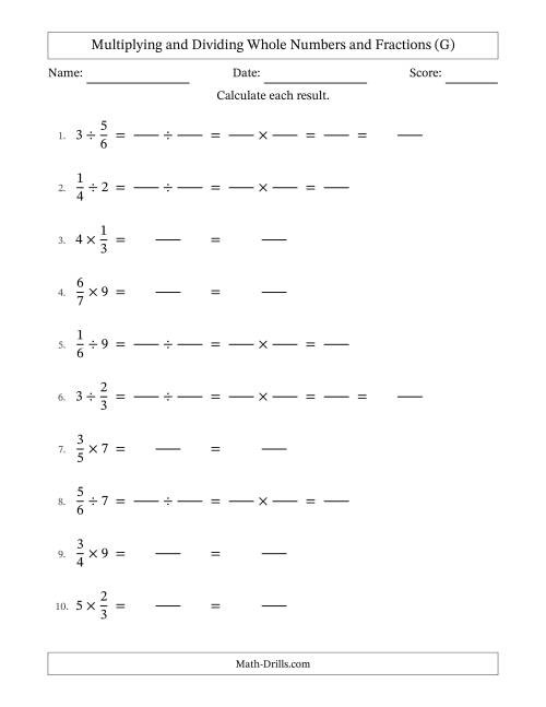 The Multiplying and Dividing Proper Fractions and Whole Numbers with No Simplifying (Fillable) (G) Math Worksheet