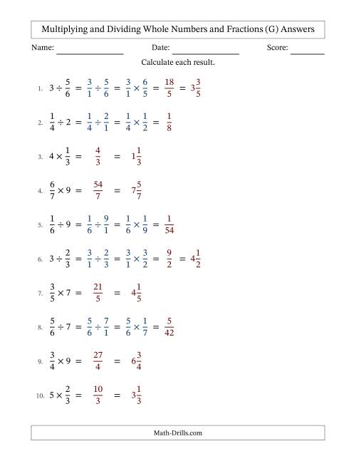 The Multiplying and Dividing Proper Fractions and Whole Numbers with No Simplifying (Fillable) (G) Math Worksheet Page 2