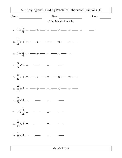The Multiplying and Dividing Proper Fractions and Whole Numbers with No Simplifying (Fillable) (I) Math Worksheet