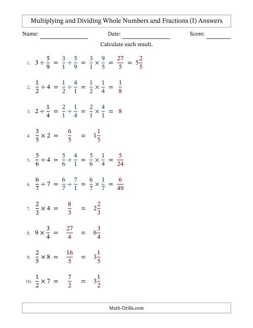 The Multiplying and Dividing Proper Fractions and Whole Numbers with No Simplifying (Fillable) (I) Math Worksheet Page 2