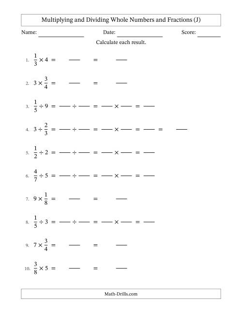 The Multiplying and Dividing Proper Fractions and Whole Numbers with No Simplifying (Fillable) (J) Math Worksheet