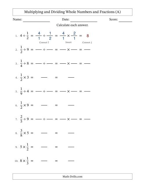The Multiplying and Dividing Proper Fractions and Whole Numbers with No Simplifying (Fillable) (All) Math Worksheet