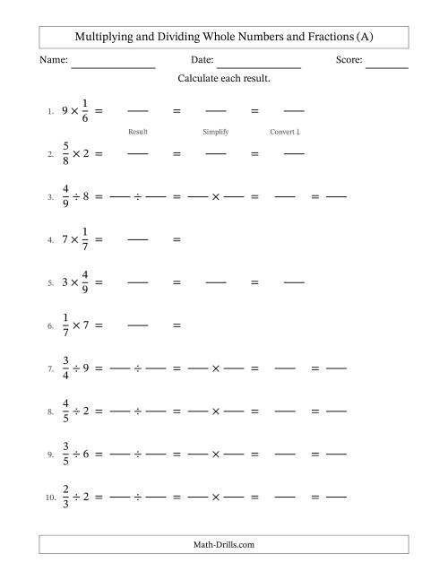 The Multiplying and Dividing Proper Fractions and Whole Numbers with All Simplifying (Fillable) (A) Math Worksheet