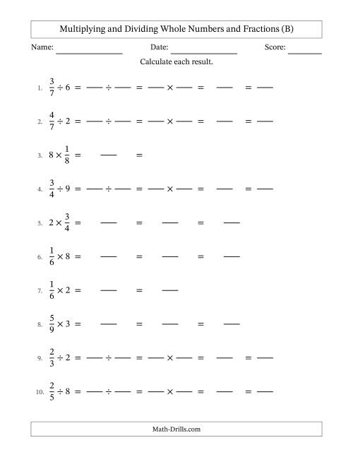 The Multiplying and Dividing Proper Fractions and Whole Numbers with All Simplifying (Fillable) (B) Math Worksheet