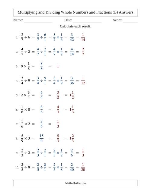 The Multiplying and Dividing Proper Fractions and Whole Numbers with All Simplifying (Fillable) (B) Math Worksheet Page 2