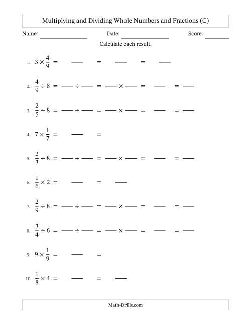 The Multiplying and Dividing Proper Fractions and Whole Numbers with All Simplifying (Fillable) (C) Math Worksheet